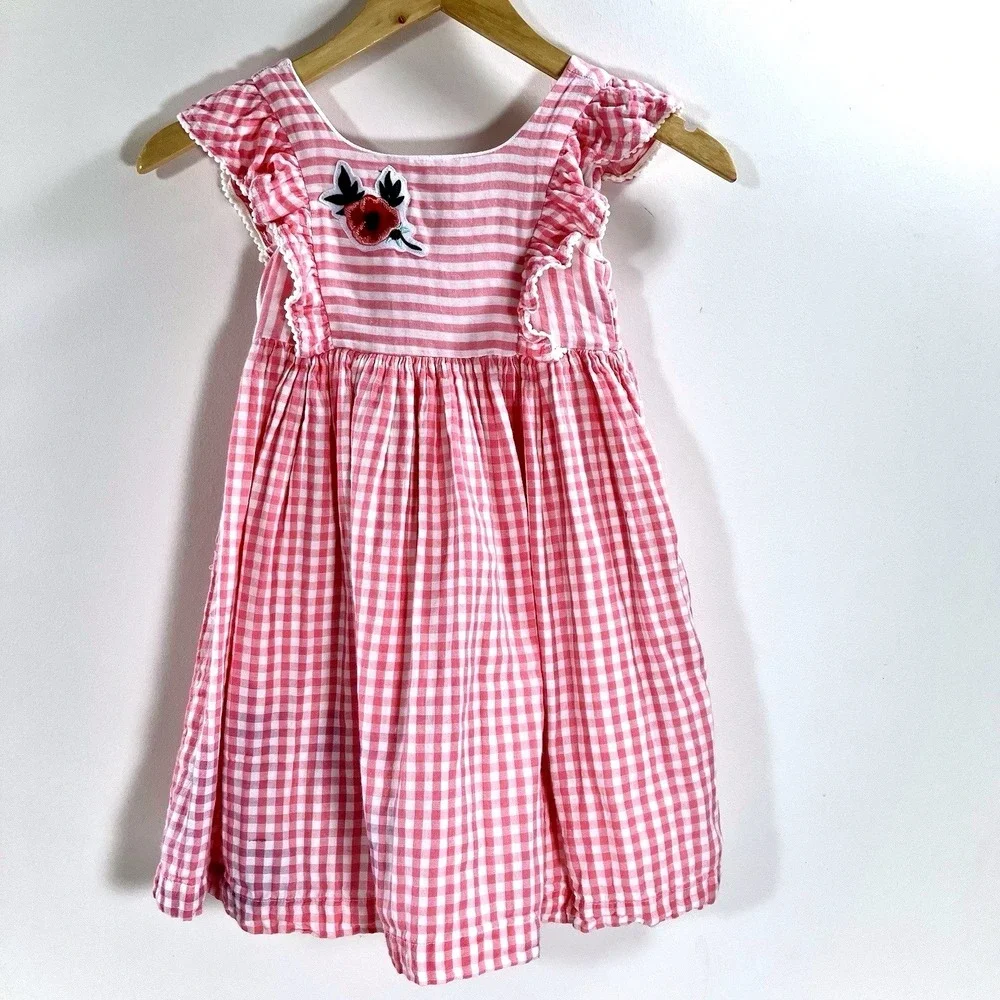 Laura Ashley Dress Pink Gingham Floral Poppy Ruffle‎ Cotton Girls Size 5